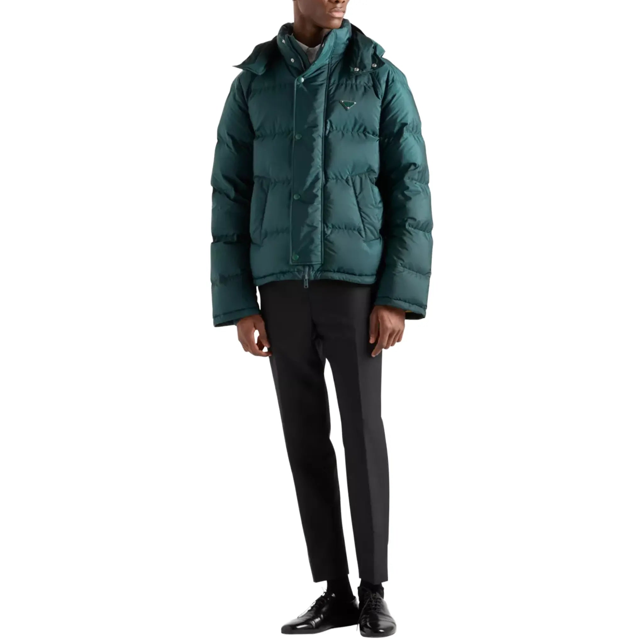 Front Side View of Prada Re-Nylon Triangle-plaque Cropped Recycled-Nylon Shell-Down Jacket R04388825